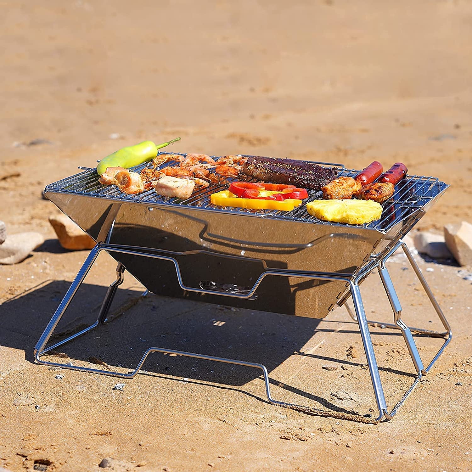 Folding Campfire Grill, Camping Fire Pit, Outdoor Wood Stove Burner, Folding Compact 304 Premium Stainless Steel, Portable Camping Grill with Carrying Bag for outside Picnic Home BBQ