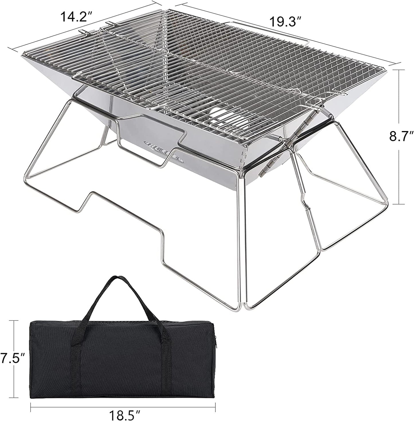 Folding Campfire Grill, Camping Fire Pit, Outdoor Wood Stove Burner, Folding Compact 304 Premium Stainless Steel, Portable Camping Grill with Carrying Bag for outside Picnic Home BBQ