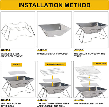 Folding Campfire Grill, Camping Fire Pit, Outdoor Wood Stove Burner, Folding Compact 304 Premium Stainless Steel, Portable Camping Grill with Carrying Bag for outside Picnic Home BBQ